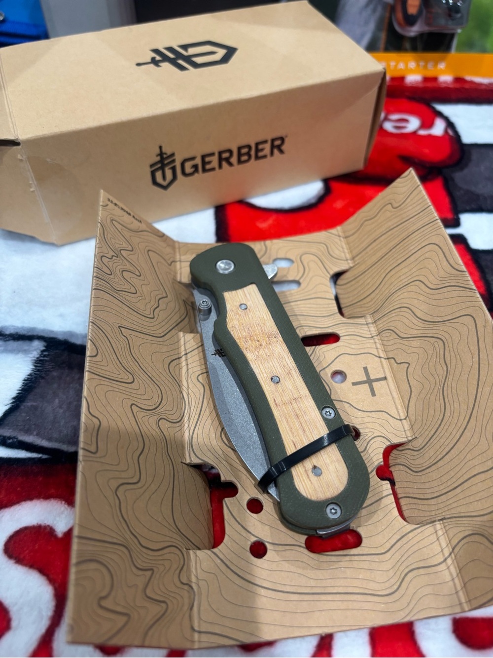 Gerber Folding Knife Olive Green and Wood Handle